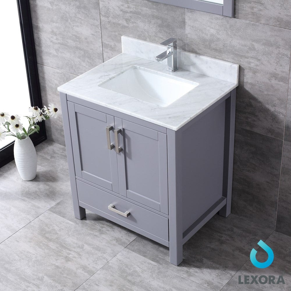 Lexora Jacques 30" Dark Grey Single Vanity Set | White Carrara Marble Top | White Ceramic Square Undermount Sink | 28" Mirror