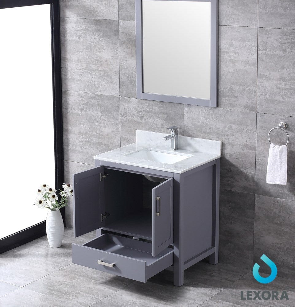 Lexora Jacques 30" Dark Grey Single Vanity Set | White Carrara Marble Top | White Ceramic Square Undermount Sink | 28" Mirror