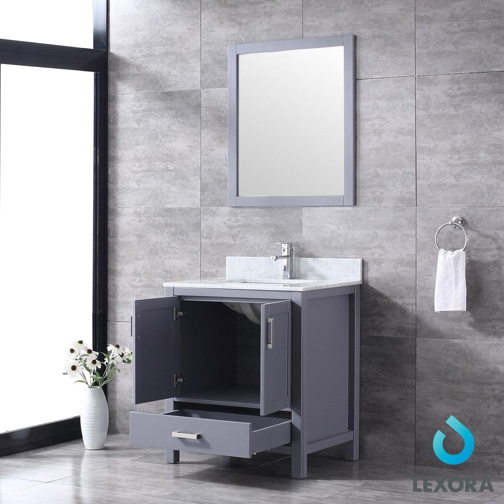 Lexora Jacques 30" Dark Grey Single Vanity Set | White Carrara Marble Top | White Ceramic Square Undermount Sink | 28" Mirror