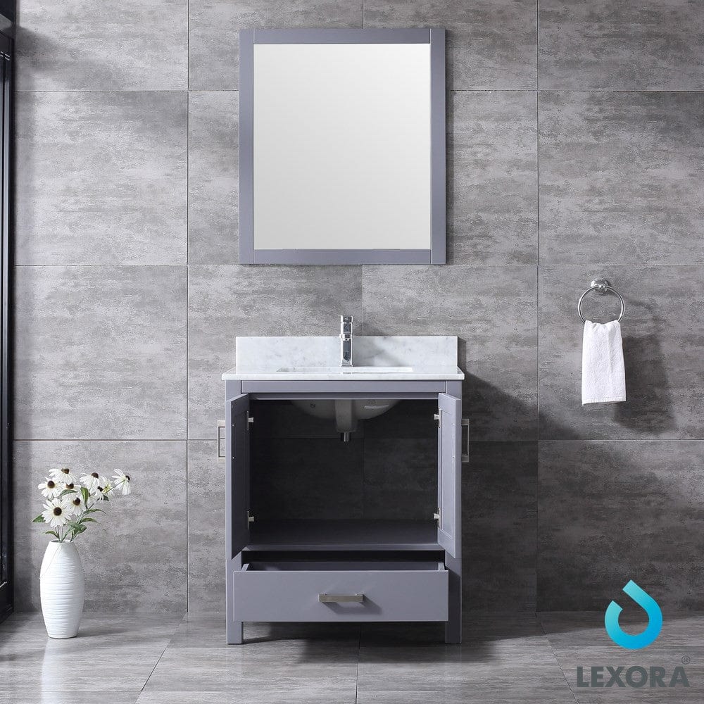 Lexora Jacques 30" Dark Grey Single Vanity Set | White Carrara Marble Top | White Ceramic Square Undermount Sink | 28" Mirror