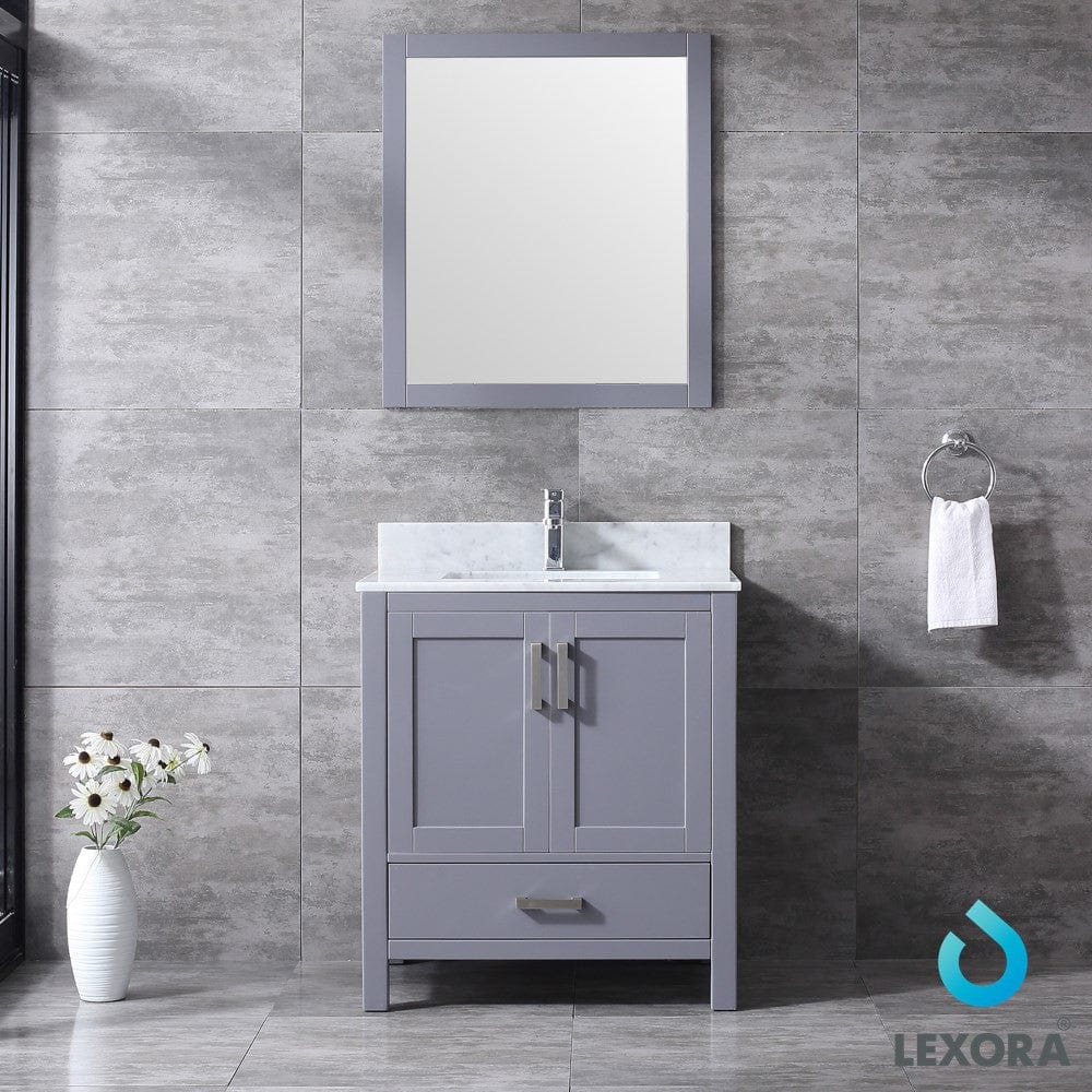 Lexora Jacques 30" Dark Grey Single Vanity Set | White Carrara Marble Top | White Ceramic Square Undermount Sink | 28" Mirror