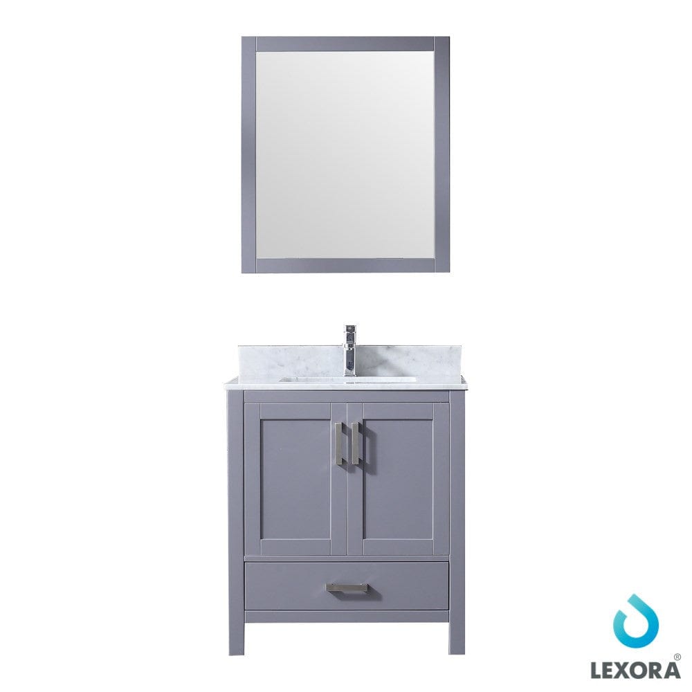 Lexora Jacques 30" Dark Grey Single Vanity Set | White Carrara Marble Top | White Ceramic Square Undermount Sink | 28" Mirror