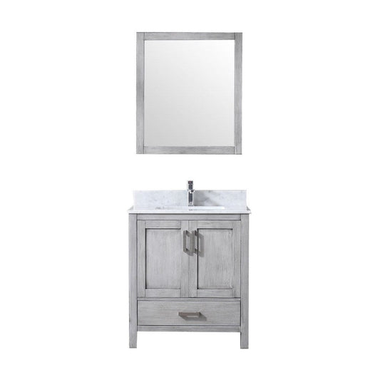 Lexora Jacques 30" Distressed Grey Single Vanity Set | White Carrara Marble Top | White Ceramic Square Undermount Sink | 28" Mirror