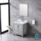 Lexora Jacques 30" Distressed Grey Single Vanity Set | White Carrara Marble Top | White Ceramic Square Undermount Sink | 28" Mirror