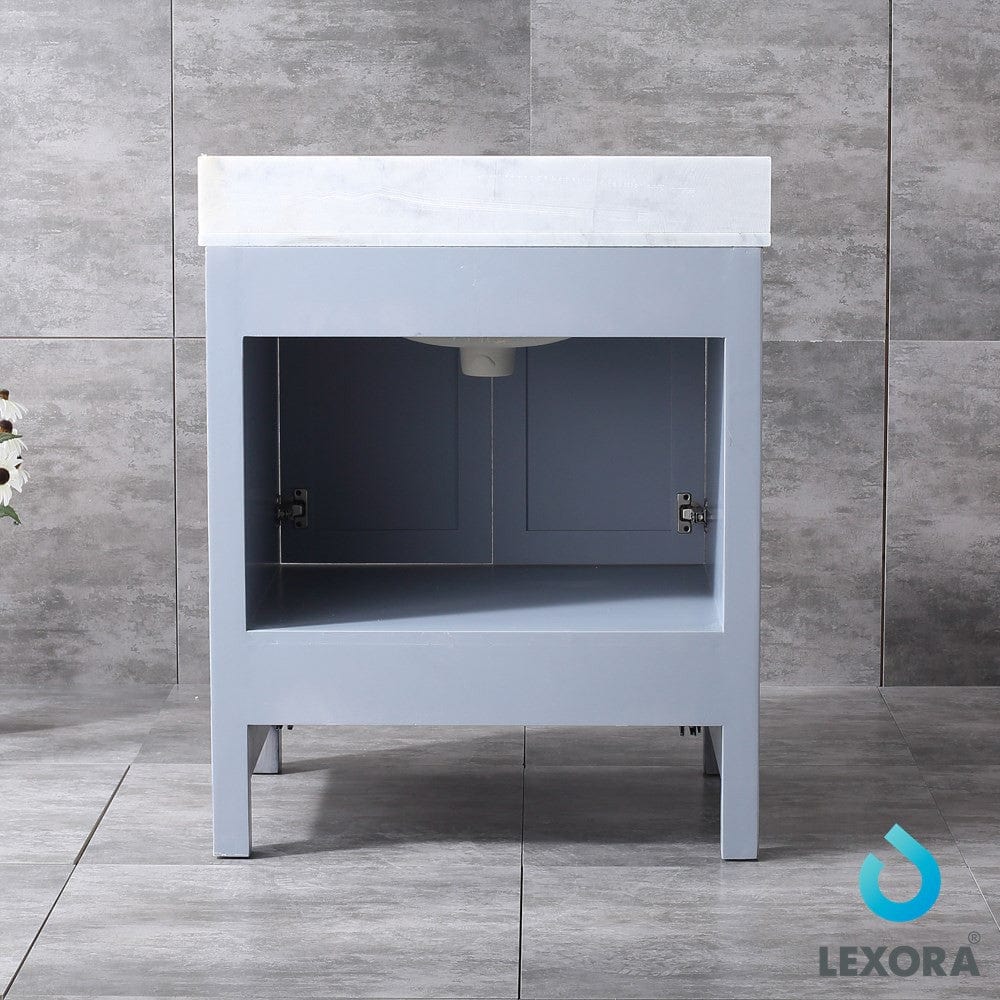Lexora Jacques 30" Distressed Grey Single Vanity Set | White Carrara Marble Top | White Ceramic Square Undermount Sink | 28" Mirror