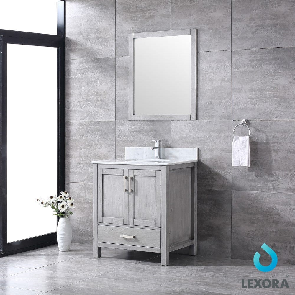 Lexora Jacques 30" Distressed Grey Single Vanity Set | White Carrara Marble Top | White Ceramic Square Undermount Sink | 28" Mirror