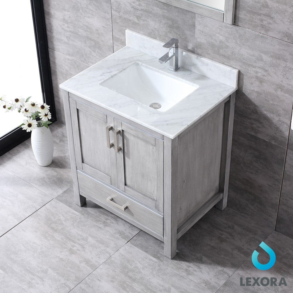 Lexora Jacques 30" Distressed Grey Single Vanity Set | White Carrara Marble Top | White Ceramic Square Undermount Sink | 28" Mirror