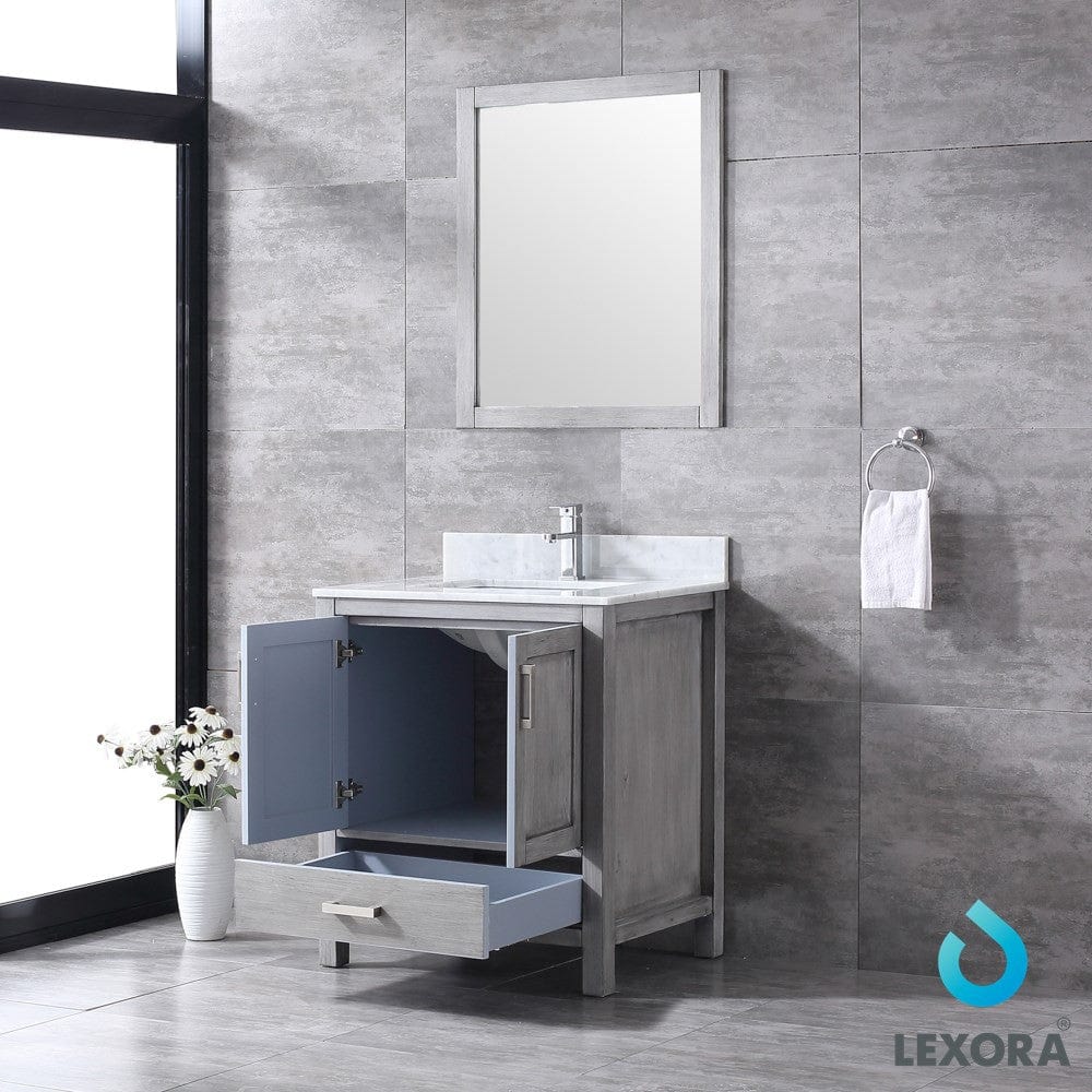 Lexora Jacques 30" Distressed Grey Single Vanity Set | White Carrara Marble Top | White Ceramic Square Undermount Sink | 28" Mirror