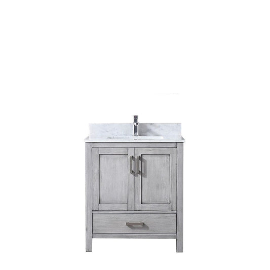 Lexora Vanities Lexora Jacques 30" Distressed Grey Single Vanity | White Carrara Marble Top | White Ceramic Square Undermount Sink | No Mirror