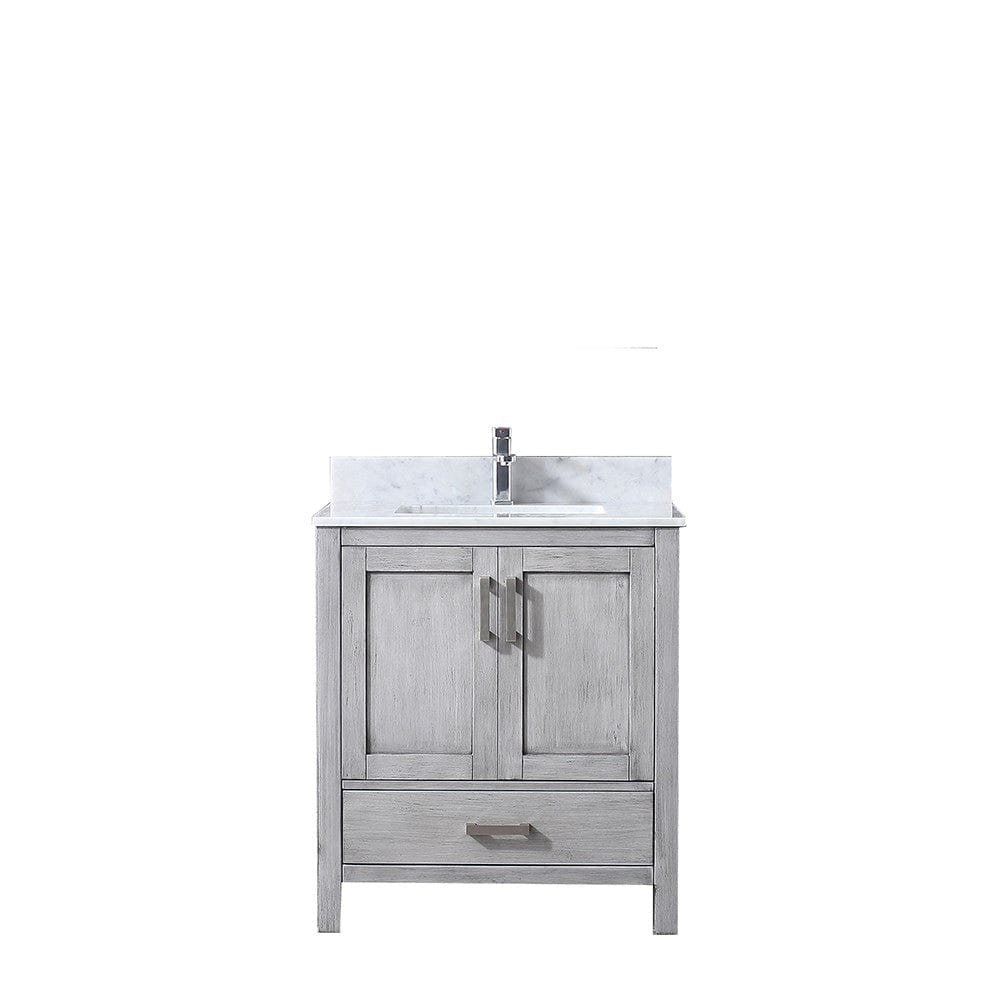 Lexora Jacques 30" Distressed Grey Single Vanity | White Carrara Marble Top | White Ceramic Square Undermount Sink | No Mirror
