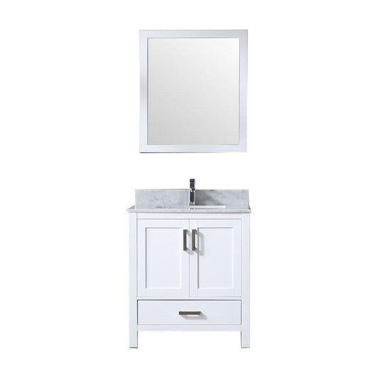 Lexora Vanities Lexora Jacques 30" White Single Vanity Set | White Carrara Marble Top | White Ceramic Square Undermount Sink | 28" Mirror