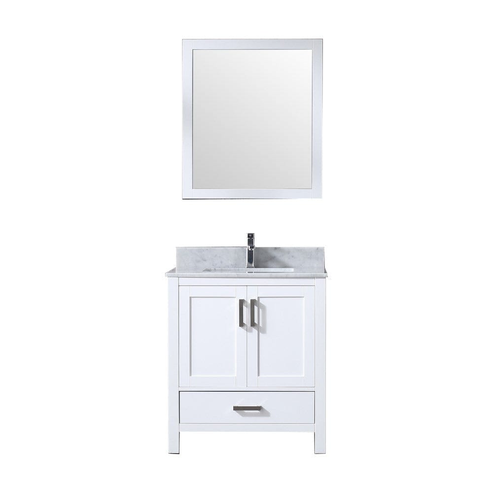 Lexora Jacques 30" White Single Vanity Set | White Carrara Marble Top | White Ceramic Square Undermount Sink | 28" Mirror