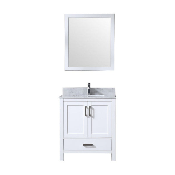 Lexora Jacques 30 White Single Vanity Set | White Carrara Marble Top | White Ceramic Square Undermount Sink | 28 Mirror