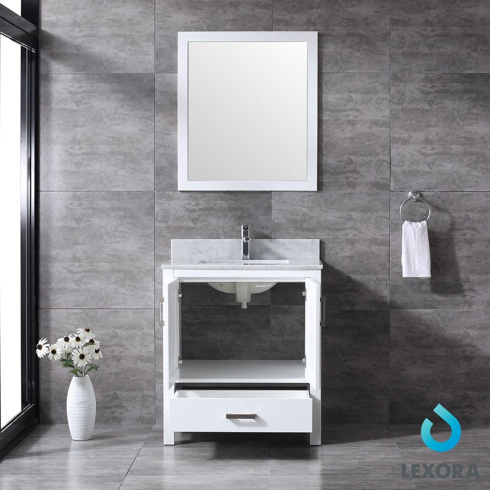 Lexora Jacques 30" White Single Vanity Set | White Carrara Marble Top | White Ceramic Square Undermount Sink | 28" Mirror