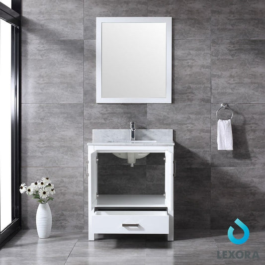 Lexora Jacques 30" White Single Vanity Set | White Carrara Marble Top | White Ceramic Square Undermount Sink | 28" Mirror