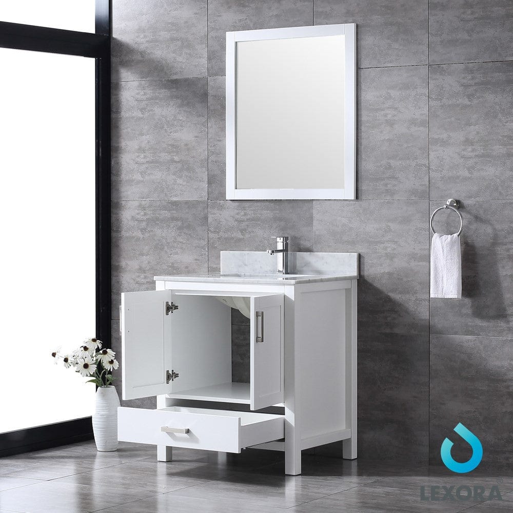 Lexora Jacques 30" White Single Vanity Set | White Carrara Marble Top | White Ceramic Square Undermount Sink | 28" Mirror