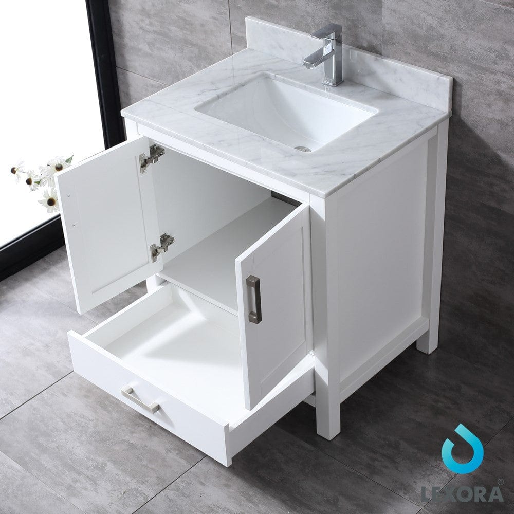 Lexora Jacques 30" White Single Vanity Set | White Carrara Marble Top | White Ceramic Square Undermount Sink | 28" Mirror