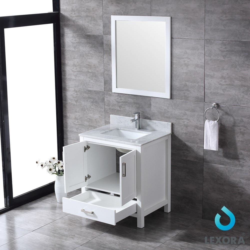 Lexora Jacques 30" White Single Vanity Set | White Carrara Marble Top | White Ceramic Square Undermount Sink | 28" Mirror