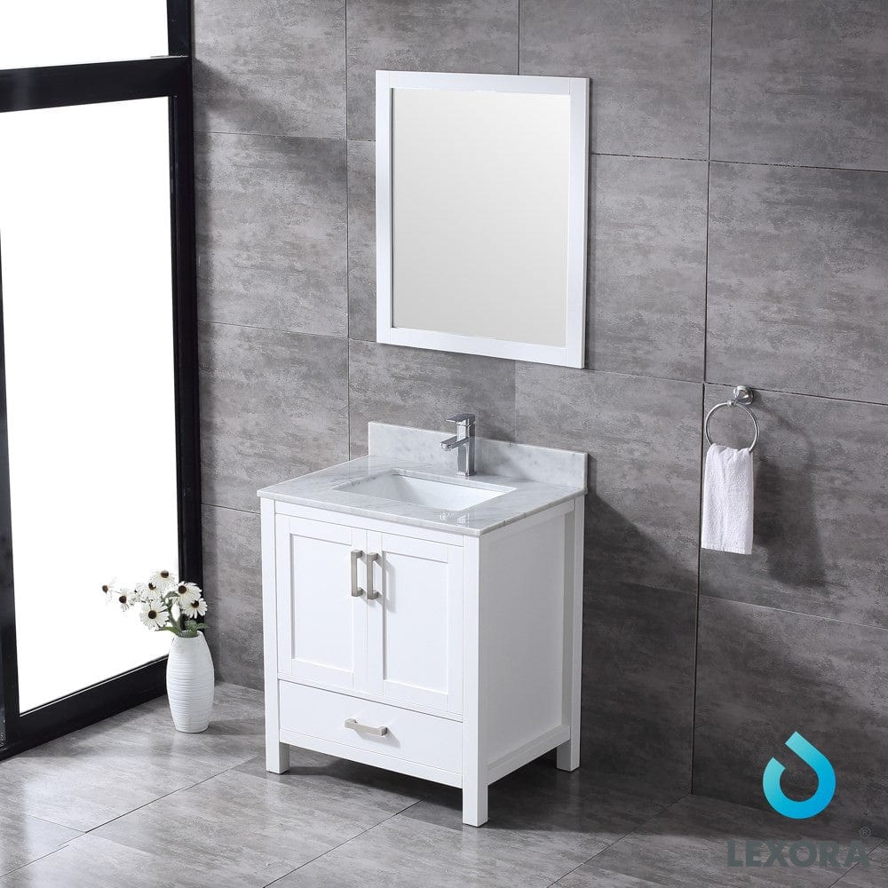 Lexora Jacques 30" White Single Vanity Set | White Carrara Marble Top | White Ceramic Square Undermount Sink | 28" Mirror