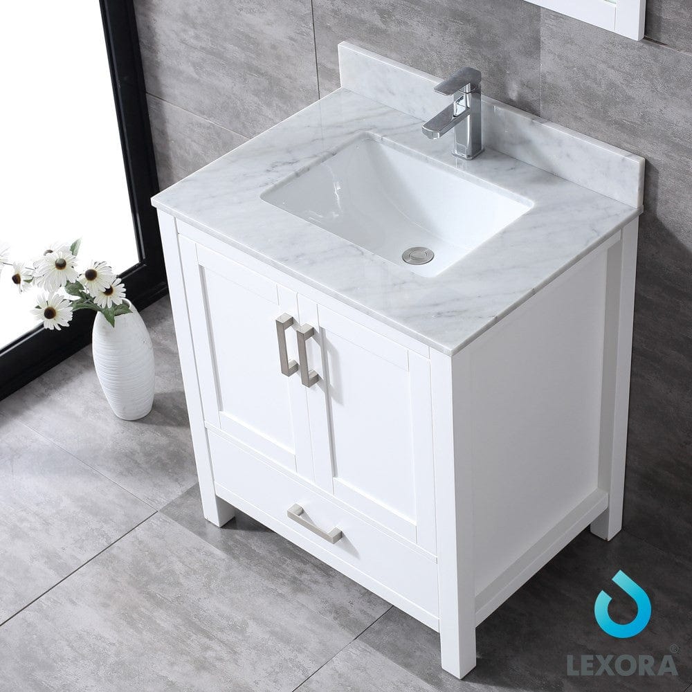 Lexora Jacques 30" White Single Vanity Set | White Carrara Marble Top | White Ceramic Square Undermount Sink | 28" Mirror