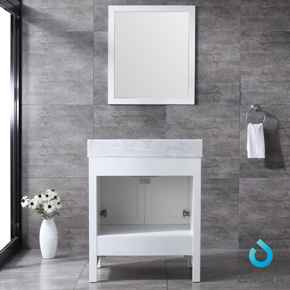 Lexora Jacques 30" White Single Vanity Set | White Carrara Marble Top | White Ceramic Square Undermount Sink | 28" Mirror