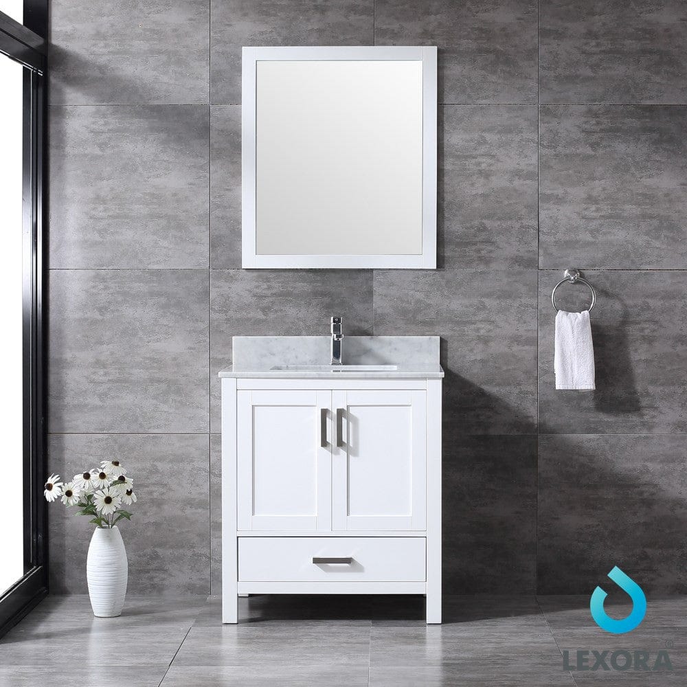 Lexora Jacques 30" White Single Vanity Set | White Carrara Marble Top | White Ceramic Square Undermount Sink | 28" Mirror