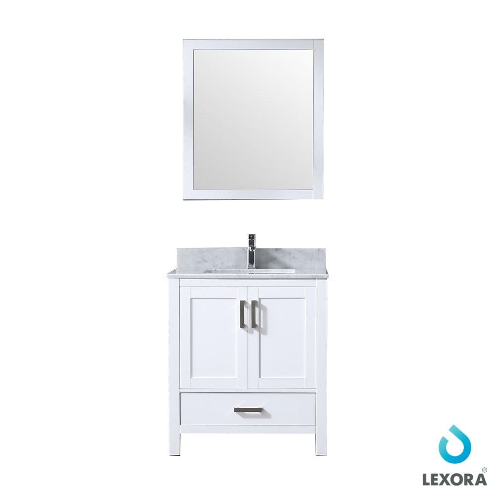 Lexora Jacques 30" White Single Vanity Set | White Carrara Marble Top | White Ceramic Square Undermount Sink | 28" Mirror