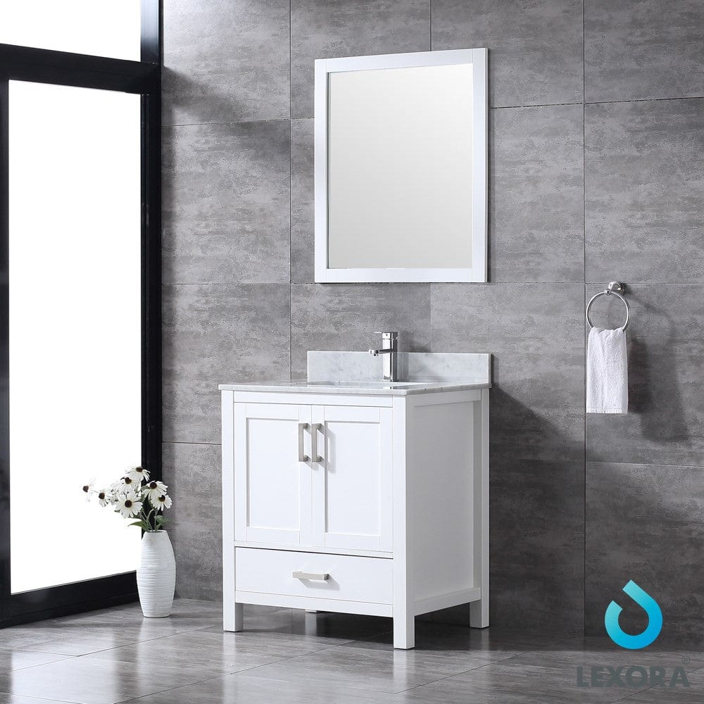 Lexora Jacques 30" White Single Vanity Set | White Carrara Marble Top | White Ceramic Square Undermount Sink | 28" Mirror