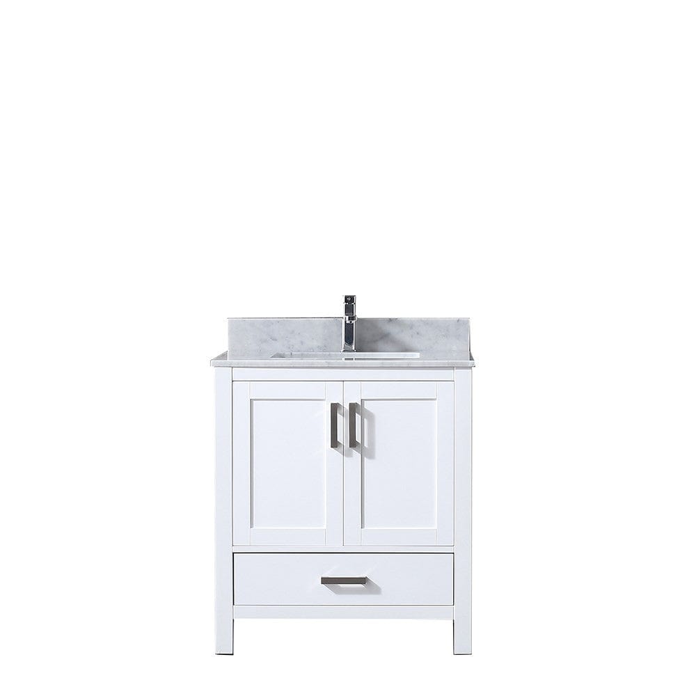 Lexora Jacques 30" White Single Vanity | White Carrara Marble Top | White Ceramic Square Undermount Sink | No Mirror
