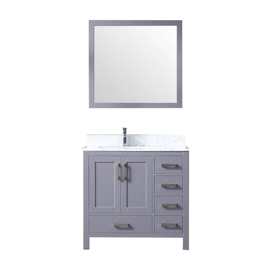 Lexora Jacques 36" Dark Grey Single Vanity Set | White Carrara Marble Top | White Ceramic Square Undermount Sink | 34" Mirror - Left Version