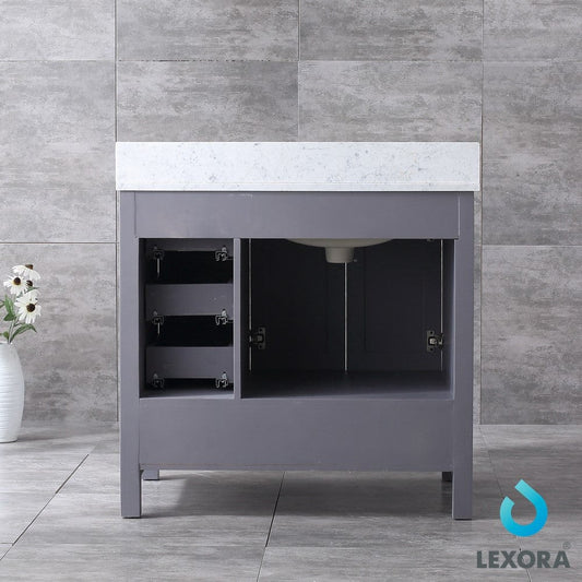 Lexora Jacques 36" Dark Grey Single Vanity Set | White Carrara Marble Top | White Ceramic Square Undermount Sink | 34" Mirror - Left Version