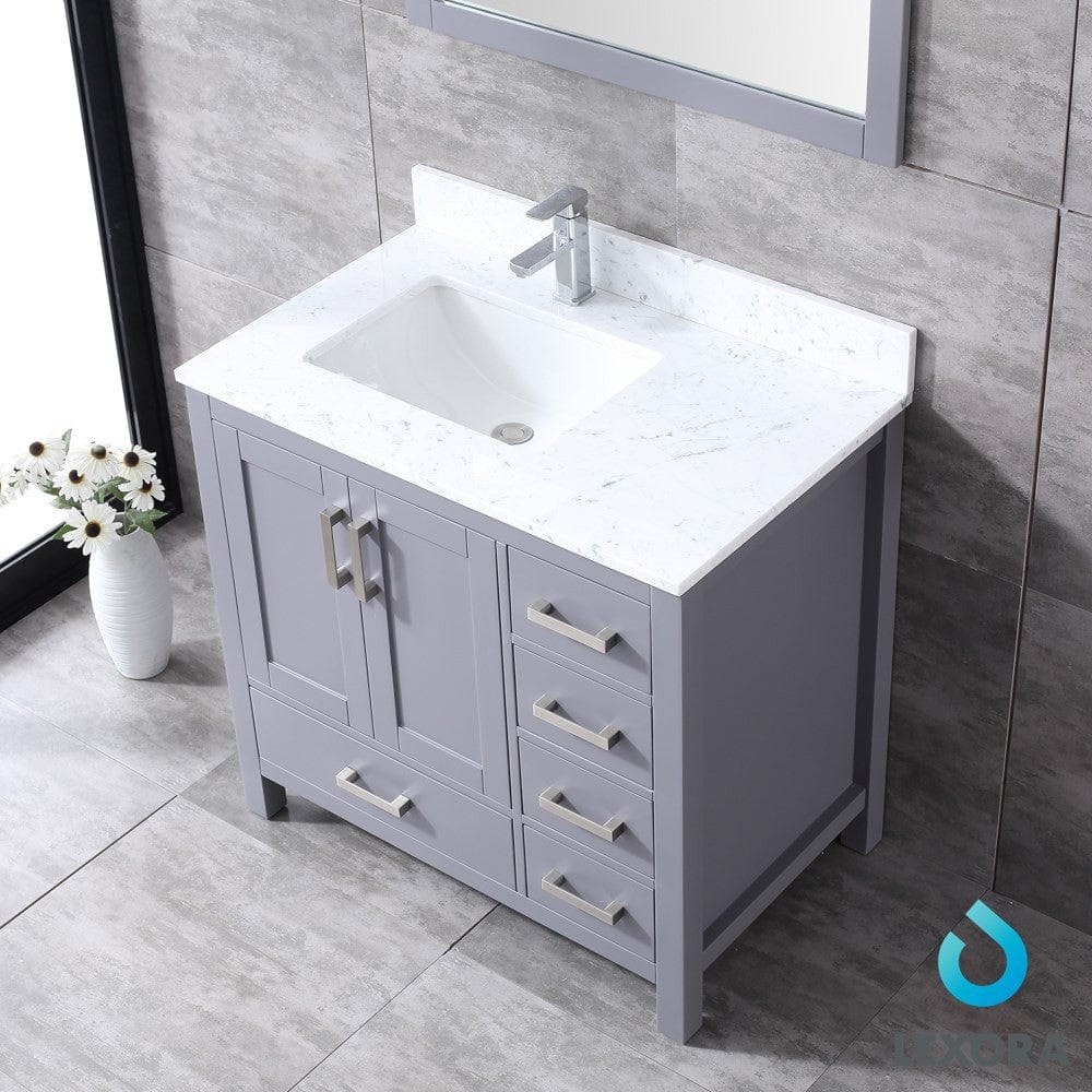 Lexora Jacques 36" Dark Grey Single Vanity Set | White Carrara Marble Top | White Ceramic Square Undermount Sink | 34" Mirror - Left Version