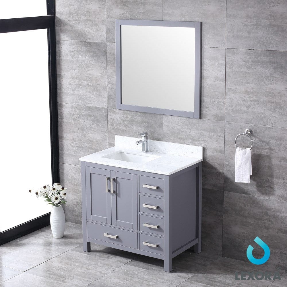 Lexora Jacques 36" Dark Grey Single Vanity Set | White Carrara Marble Top | White Ceramic Square Undermount Sink | 34" Mirror - Left Version