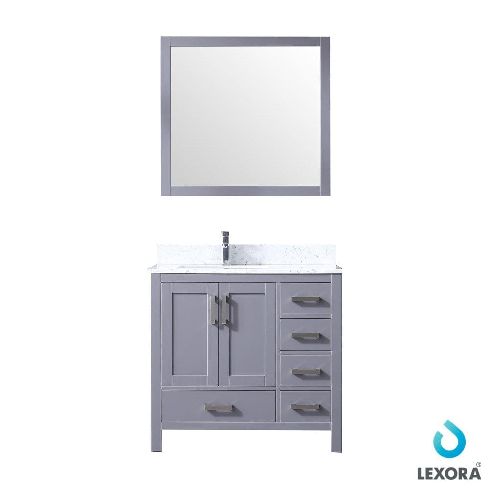 Lexora Jacques 36" Dark Grey Single Vanity Set | White Carrara Marble Top | White Ceramic Square Undermount Sink | 34" Mirror - Left Version