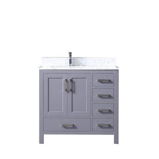 Lexora Jacques 36" Dark Grey Single Vanity | White Carrara Marble Top | White Ceramic Square Undermount Sink | No Mirror - Left Version