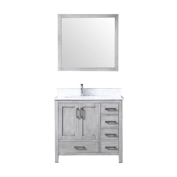 Lexora Jacques 36 Distressed Grey Single Vanity Set | White Carrara Marble Top | White Ceramic Square Undermount Sink | 34 Mirror - Left Version