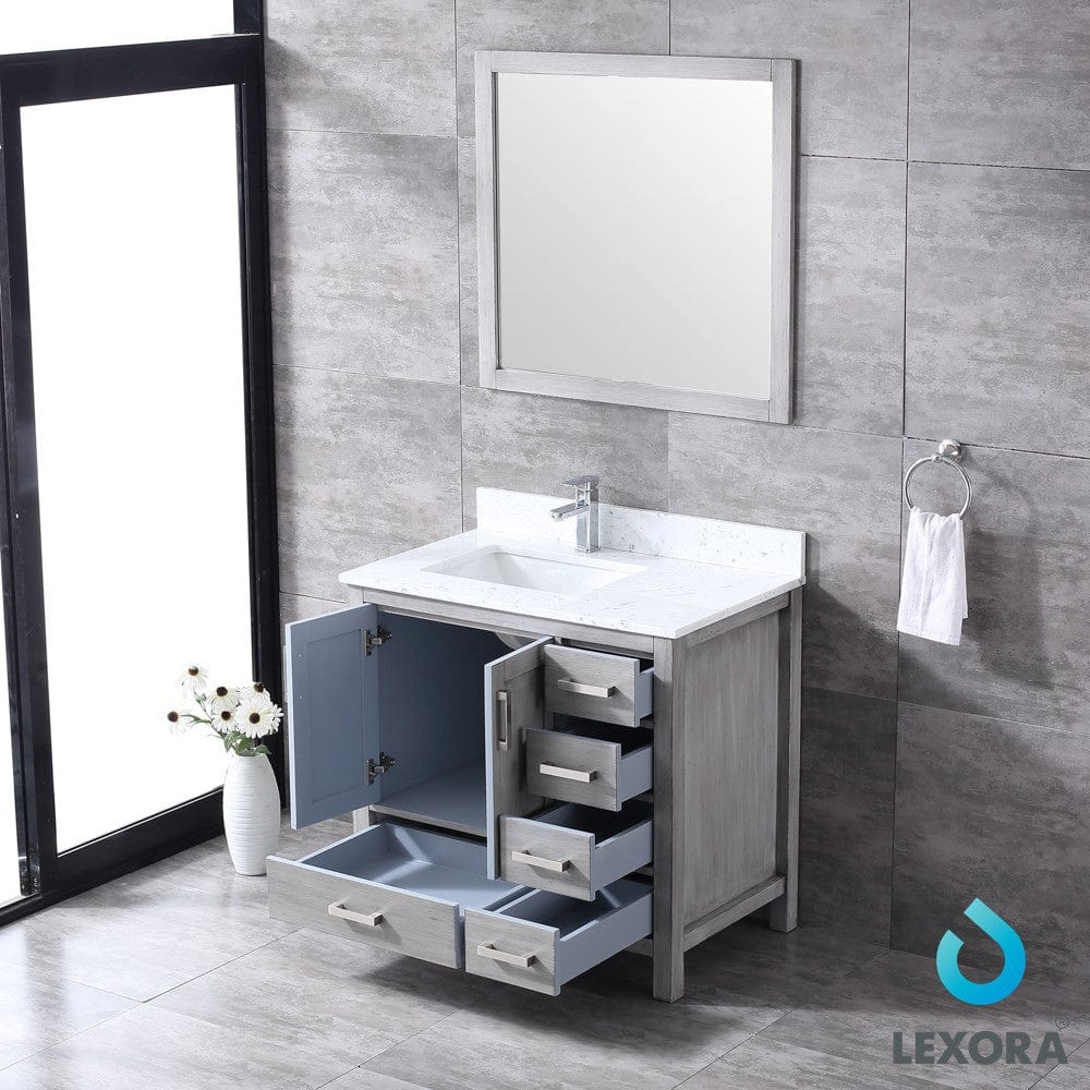 Lexora Jacques 36" Distressed Grey Single Vanity Set | White Carrara Marble Top | White Ceramic Square Undermount Sink | 34" Mirror - Left Version