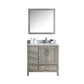 Lexora Jacques 36" Distressed Grey Single Vanity Set | White Carrara Marble Top | White Ceramic Square Undermount Sink | 34" Mirror - Right Version