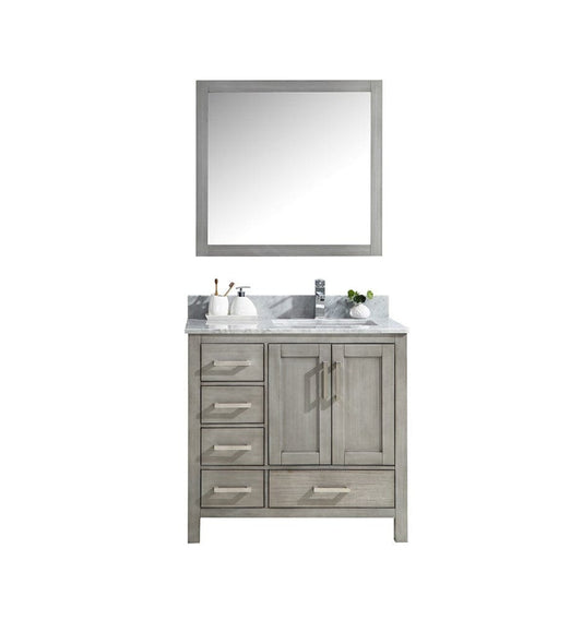 Lexora Jacques 36" Distressed Grey Single Vanity Set | White Carrara Marble Top | White Ceramic Square Undermount Sink | 34" Mirror - Right Version