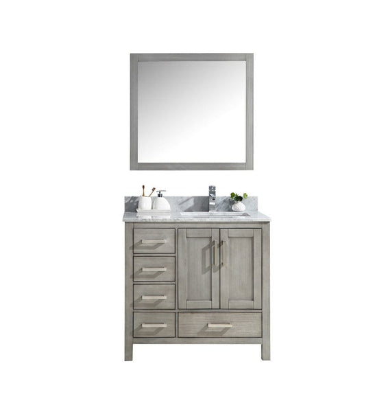 Lexora Jacques 36 Distressed Grey Single Vanity Set | White Carrara Marble Top | White Ceramic Square Undermount Sink | 34 Mirror - Right Version