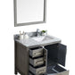 Lexora Jacques 36" Distressed Grey Single Vanity Set | White Carrara Marble Top | White Ceramic Square Undermount Sink | 34" Mirror - Right Version