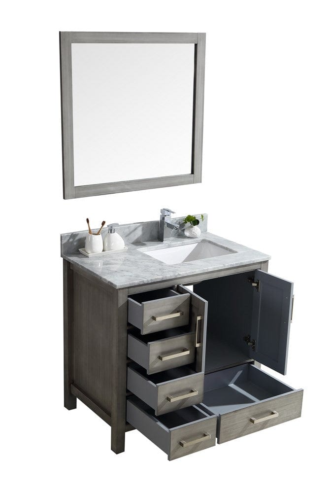 Lexora Jacques 36" Distressed Grey Single Vanity Set | White Carrara Marble Top | White Ceramic Square Undermount Sink | 34" Mirror - Right Version