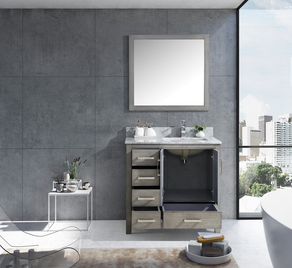 Lexora Jacques 36" Distressed Grey Single Vanity Set | White Carrara Marble Top | White Ceramic Square Undermount Sink | 34" Mirror - Right Version