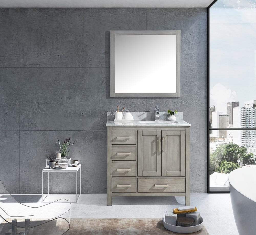 Lexora Jacques 36" Distressed Grey Single Vanity Set | White Carrara Marble Top | White Ceramic Square Undermount Sink | 34" Mirror - Right Version