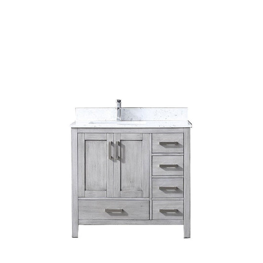 Lexora Vanities Lexora Jacques 36" Distressed Grey Single Vanity | White Carrara Marble Top | White Ceramic Square Undermount Sink | No Mirror - Left Version