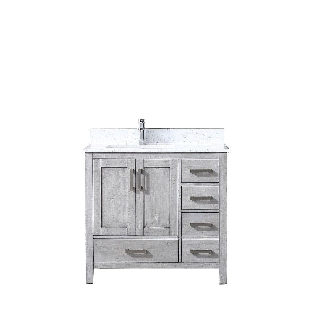 Lexora Jacques 36" Distressed Grey Single Vanity | White Carrara Marble Top | White Ceramic Square Undermount Sink | No Mirror - Left Version