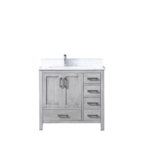 Lexora Jacques 36 Distressed Grey Single Vanity | White Carrara Marble Top | White Ceramic Square Undermount Sink | No Mirror - Left Version