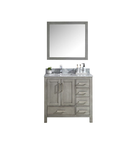Lexora Vanities Lexora Jacques 36" Distressed Grey Single Vanity | White Carrara Marble Top | White Ceramic Square Undermount Sink | No Mirror - Right Version