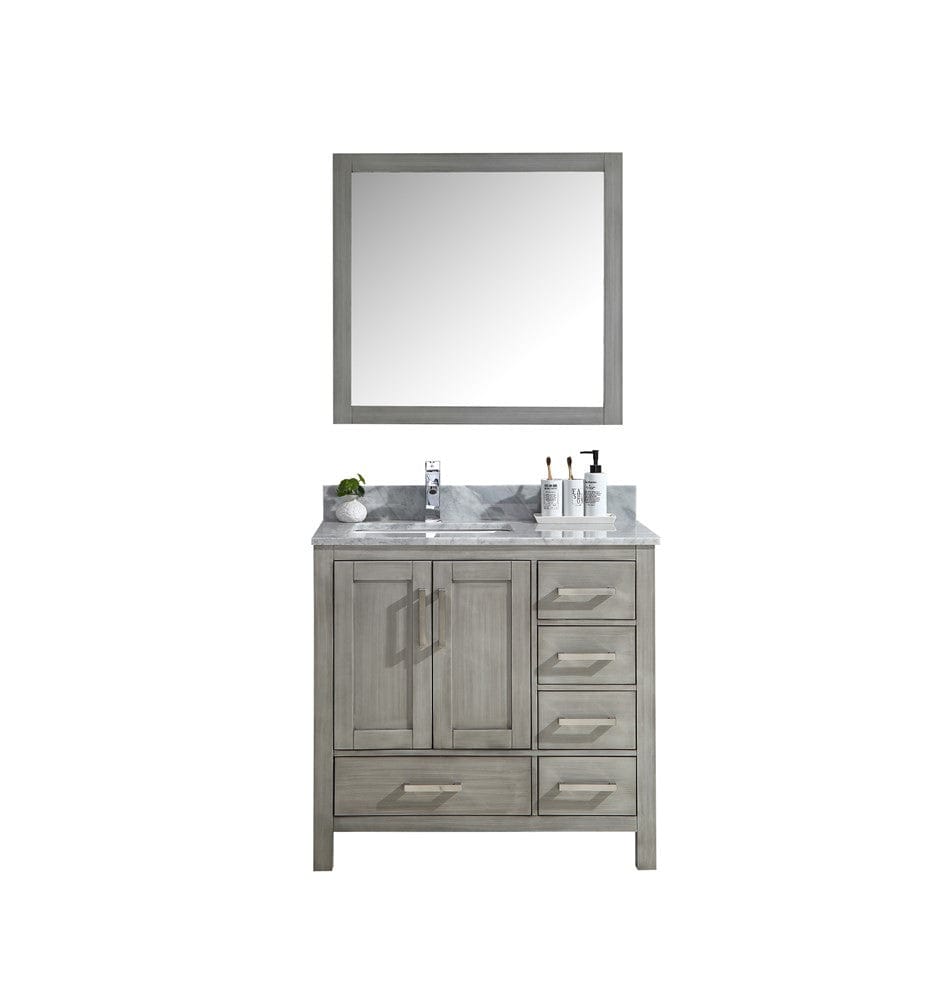 Lexora Jacques 36" Distressed Grey Single Vanity | White Carrara Marble Top | White Ceramic Square Undermount Sink | No Mirror - Right Version