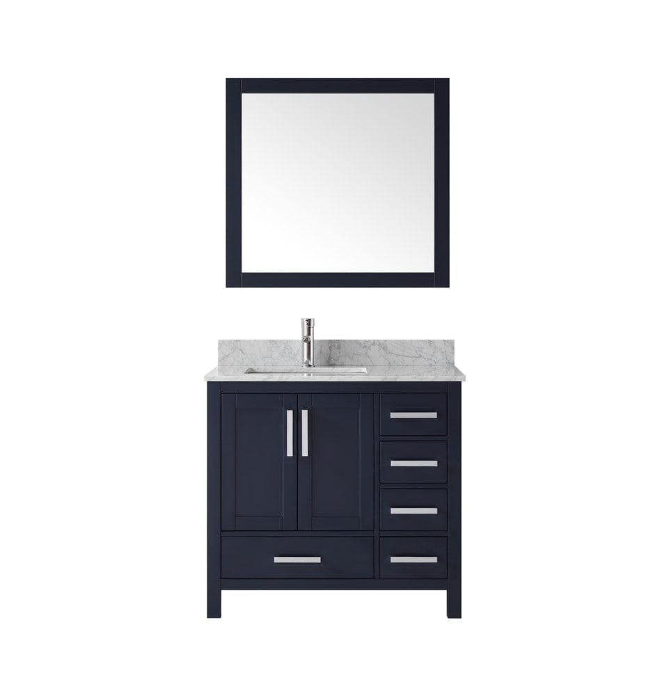 Lexora Jacques 36" Navy Blue Single Vanity Set | White Carrara Marble Top | White Ceramic Square Undermount Sink | 34" Mirror - Left Version